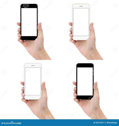 Close Up Hand Hold Phone Isolated On White Background Mock Ups Stock