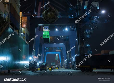 Large Mooring Crane Unloads Container Ship Stock Photo Edit Now