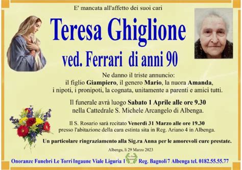 Necrologio Teresa Ghiglione Ved Ferrari Il Vostro Giornale