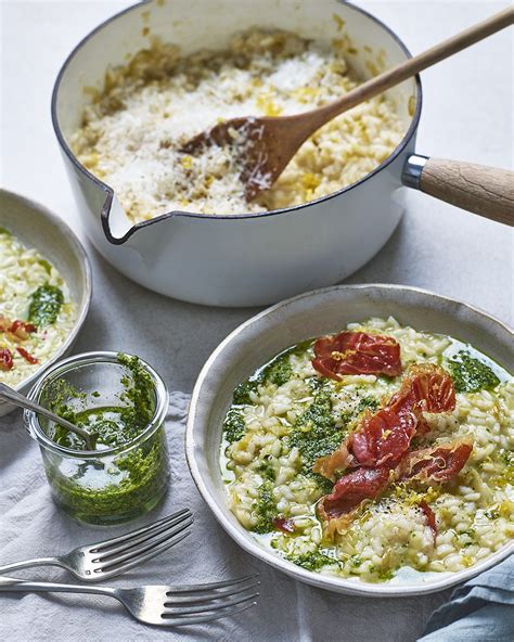 Leek Risotto With Kale Pesto And Crispy Prosciutto Delicious Magazine