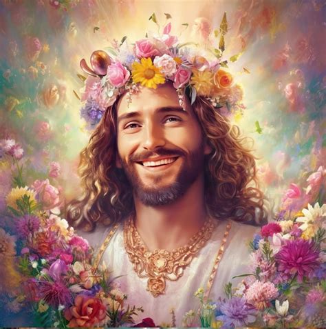 Premium Ai Image Jesus Christ Is Wearing A Flower On His Head Smiling