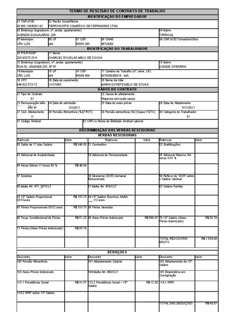 Termo De Rescis O De Contrato De Trabalho Excel