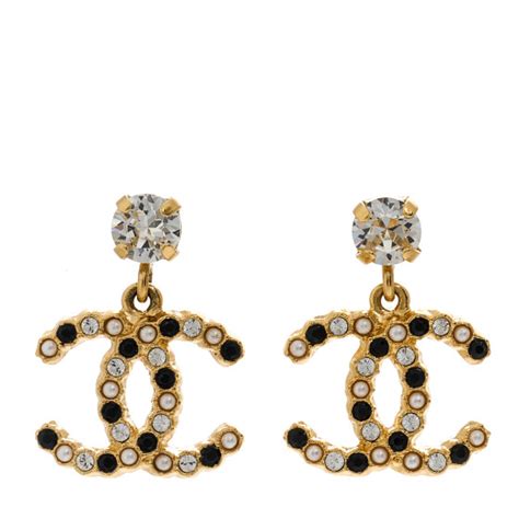 Chanel Resin Crystal Pearl Cc Drop Earrings Gold Black