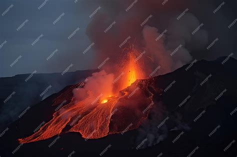 Premium AI Image | Volcanic eruption with lava flows moving down the ...