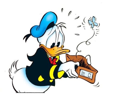 A Cartoon Duck Wearing A Blue Hat And Holding A Box With A Butterfly On It