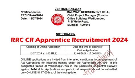 RRC CR Apprentice Recruitment 2024 Notification For 2424 Vacancies