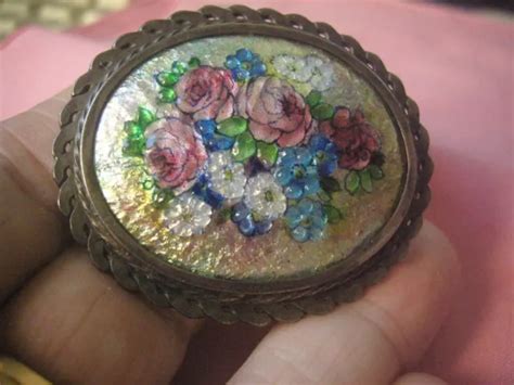 ANCIENNE BROCHE FLEURS Emaux De Limoges Signee Camille Faure Monture