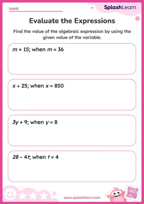 Evaluate Algebraic Expressions Printable Math Worksheet Worksheets