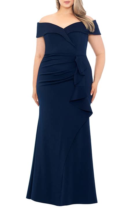 Xscape Off The Shoulder Ruffle Scuba Gown In Blue Lyst