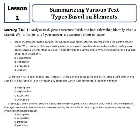 Lesson2Summarizing Various Text Types Based On ElementsLearning Task 1