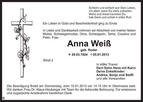 Traueranzeigen Von Anna Wei Nordbayerischer Kurier