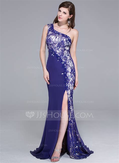 Trumpet Mermaid One Shoulder Sweep Train Chiffon Lace Prom Dress With