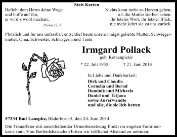 Traueranzeigen Von Irmgard Pollack Trauer In Nrw De