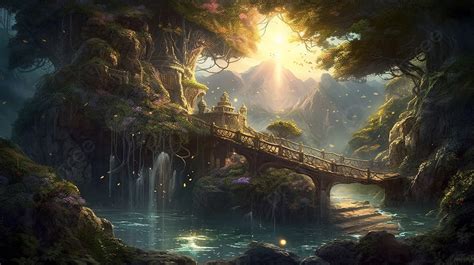 Fantasy World Is Shown With A Bridge And Trees Background Beautiful