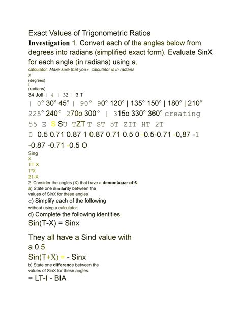 5 Exact Values Of Trig Ratios Solutions Exact Values Of Trigonometric Ratios Investigation 1