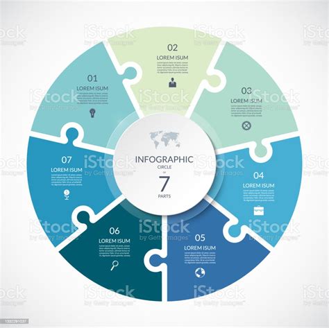 벡터 인포그래픽 퍼즐 원형 템플릿 7 개의 부품 옵션으로 다이어그램을 순환합니다 차트 그래프 보고서 프레젠테이션 웹 디자인에