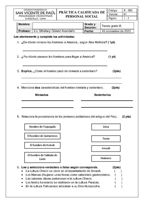 Prueba De Pers Iv Bimes Pr Ctica Calificada De Personal Social