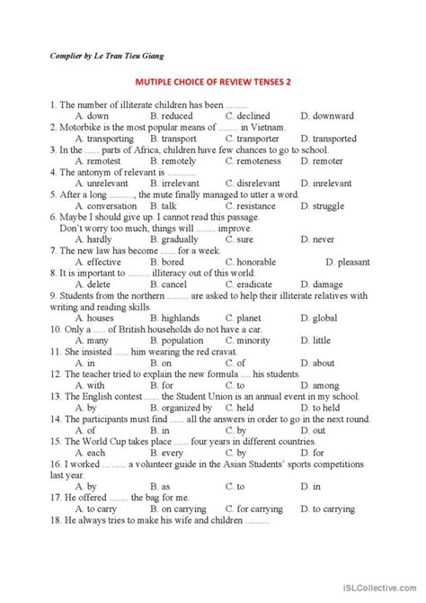 Multiple Choice Of Review Tenses 2 English Esl Worksheets Pdf And Doc