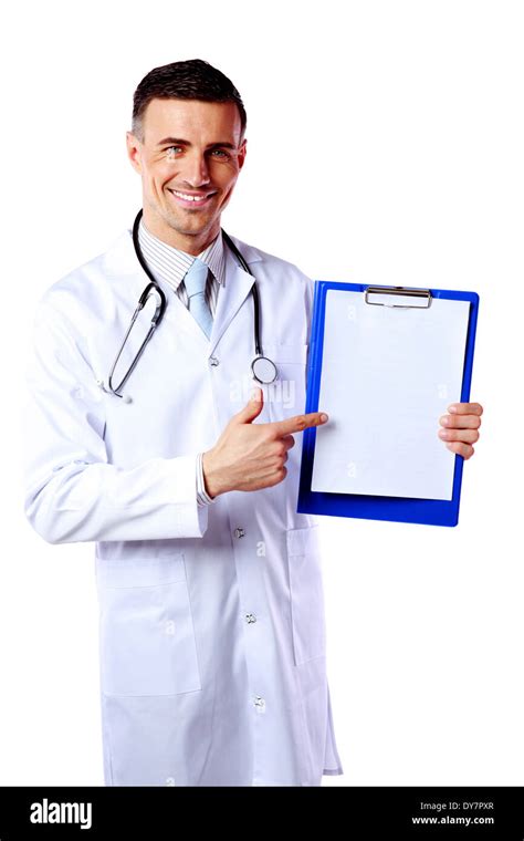 Cheerful Male Doctor Holding Empty Clipboard Isolated On White