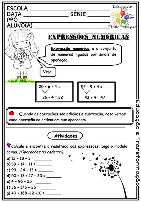 Expressão Numérica Atividade Para Trabalhar As Expressões Numéricas