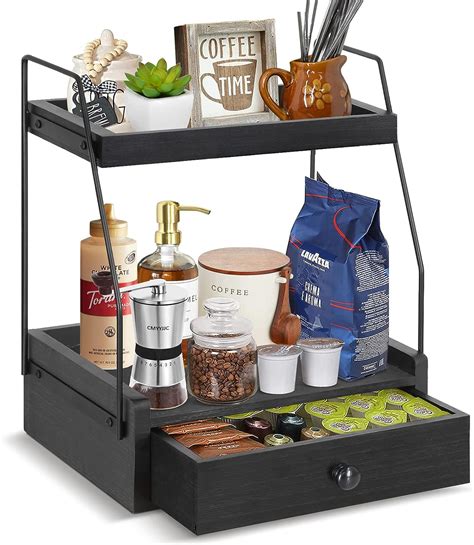 Rustic 2 Tier Coffee Bar Accessories Organizer Countertop Coffee Station Organizer