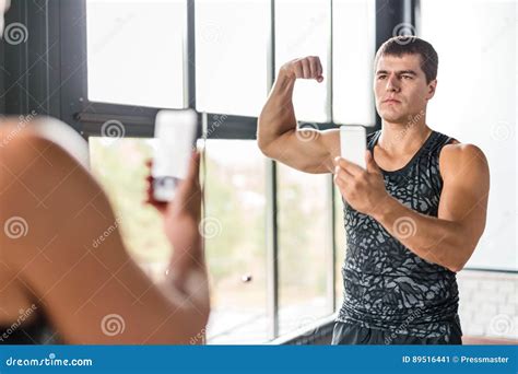 Muscular Man Taking Selfie In Gym Stock Image Image Of Strong Flexing 89516441