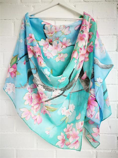 Cherry Blossom Silk Scarf Sakura Wrap Floral Silk Shawl Blue Etsy