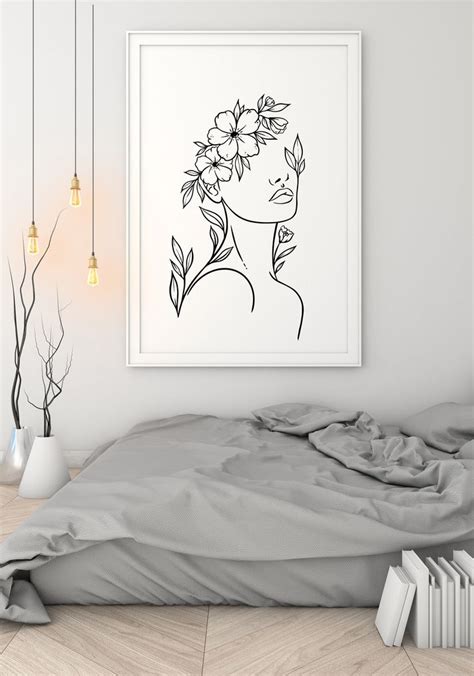 Line Art Woman Flower Crown Printable Wall Decor Minimalist Floral