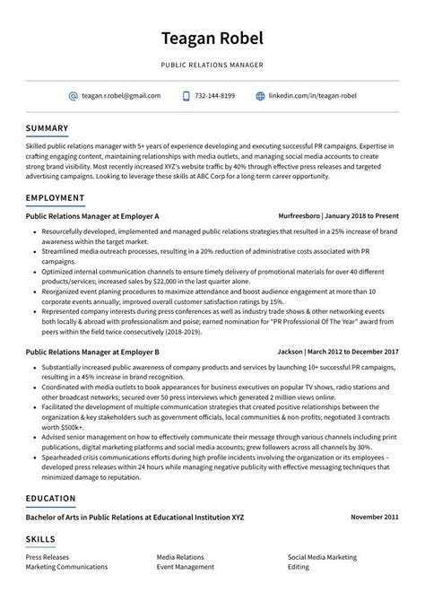 Public Relations Manager Resume Cv Example And Writing Guide