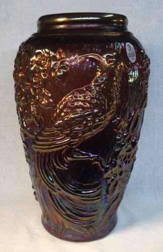 Fenton Art Glass Aubergine Carnival Vase With Raised Tropical Bird Design 2007 Ebay