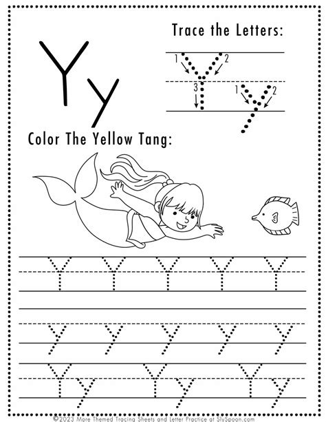 Free Letter Y Tracing Worksheet Printable Mermaid Themed Sly Spoon