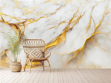 White Marble Wallpaper, White and Gold Marble Wall Art, Gold Marble ...