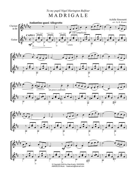 Madrigale For Clarinet In Bb And Guitar Arr K Krantz Sheet Music