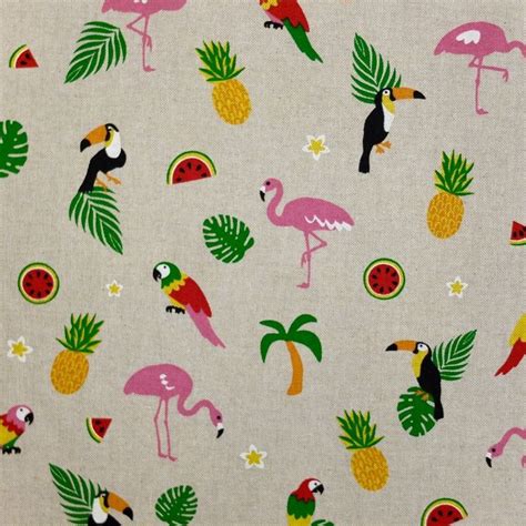 Tissu Toile Coton Beige Flamants Roses Toucans Et Perroquets