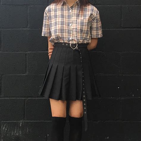 2018 Soft Grunge Plaid Top Kawaii Goth Heart Belt Skirt Kokopiecoco