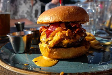 Burger w/ Crispy Fried Onions, Cheddar, Refried Beans, Bacon, and ...