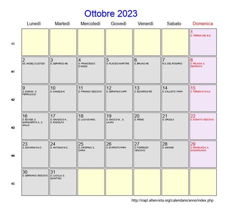 Calendario Ottobre 2023 Con Festività E Fasi Lunari