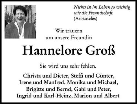 Traueranzeigen Von Hannelore Gro Vrm Trauer De