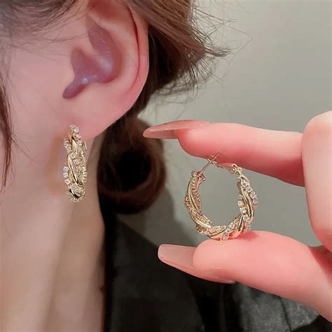 Huitan Stylish Hoop Earrings For Women Luxury Paved Sparkling Cz Gold