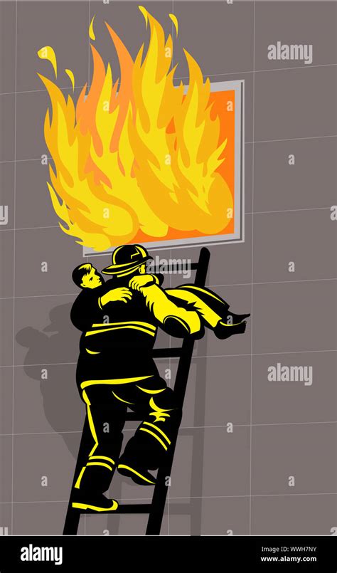 Illustration Of A Fireman Fire Fighter Done In Retro Style Carrying