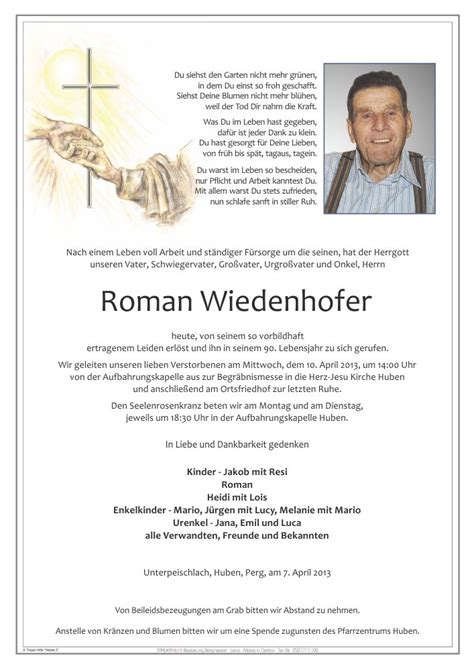 Todesanzeige Roman Wiedenhofer Trauer Link