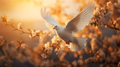 Paloma blanca en vuelo sobre el fondo de un árbol en flor Foto Premium