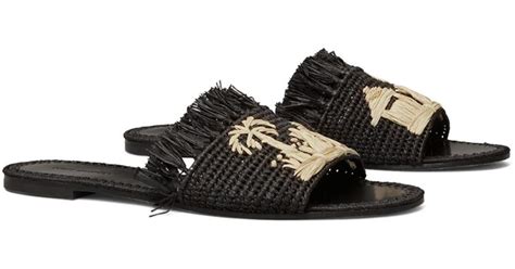 Tory Burch Leather Eleanor Tropical Raffia Slide Sandals In Black