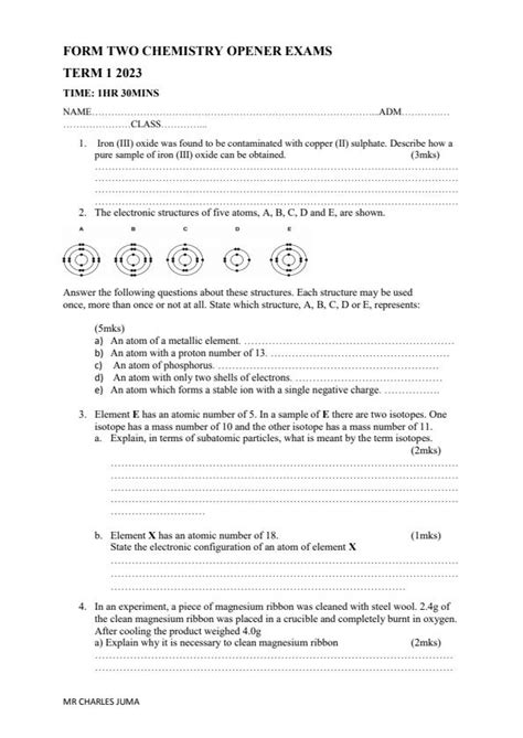 Form 2 Chemistry Opener C A T 1 Exam Term 1 2023 13069