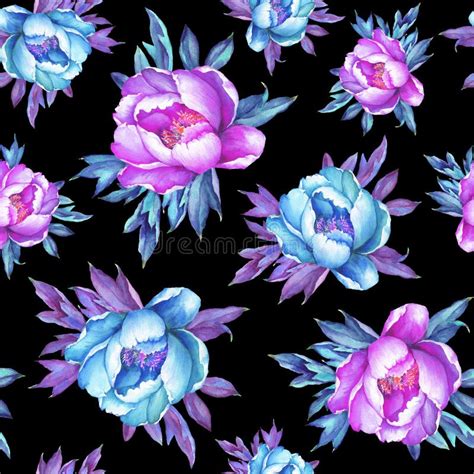 Floral Seamless Pattern With Flowering Pink And Blue Peonies On Black