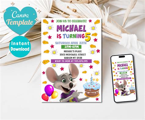 Editable Chuck E Cheese Birthday Invitation Template Chuck Etsy Uk