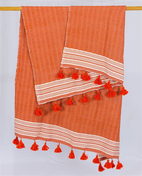 Wool Design Blanket Orange With White Stripes And Orange Pom Poms