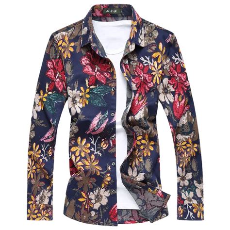 High Quality New Men Floral Shirt Men Fashion Casual Long Sleeve Flower