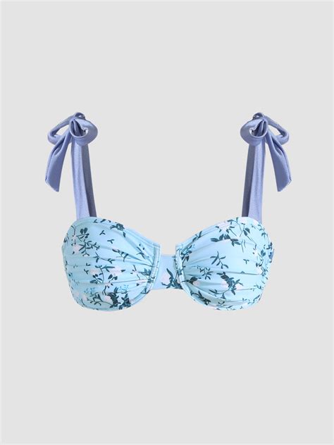 Knit Fabric V Neck Floral Ruched Bowknot Underwire Bikini Top For