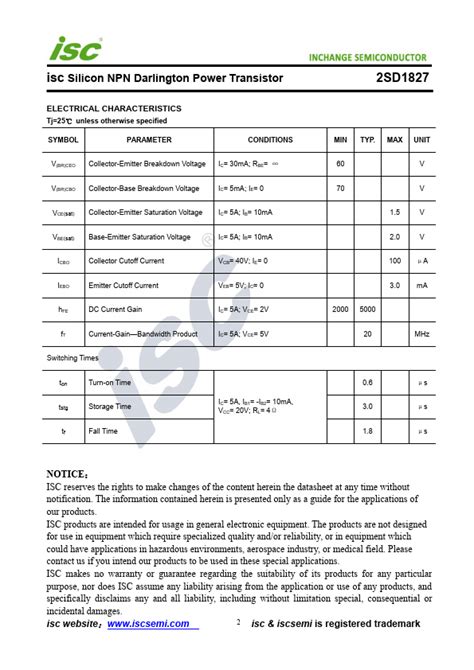 2SD1827 Data Sheet INCHANGE